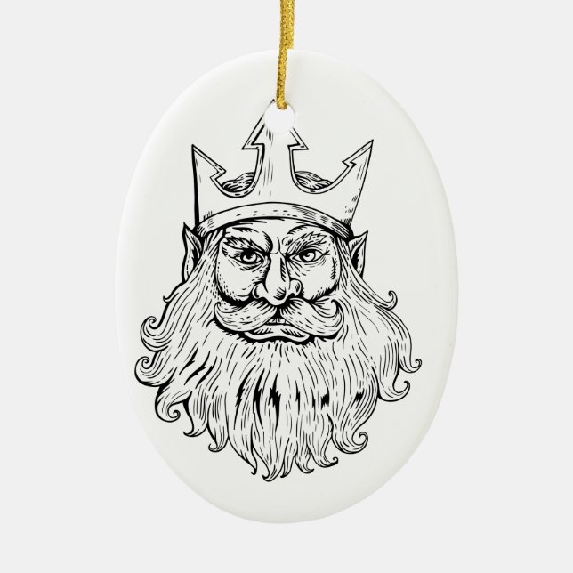 Poseidon Wearing Trident Crown Woodcut Ceramic Tree Decoration (Front)