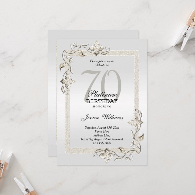 Posh 70th Platinum Birthday Invitation (Front/Back In Situ)