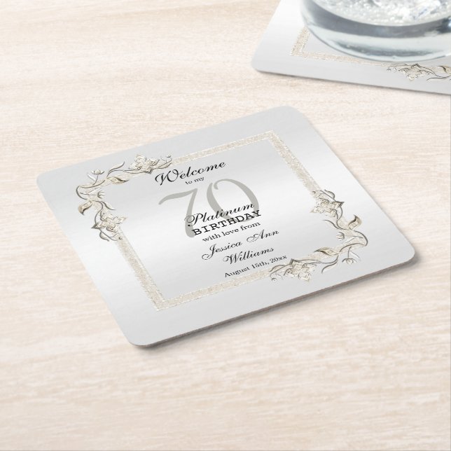 Posh 70th Platinum Birthday Square Paper Coaster (Angled)