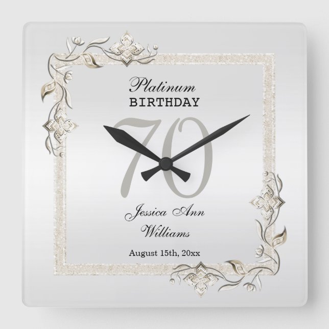Posh 70th Platinum Birthday Square Wall Clock (Front)