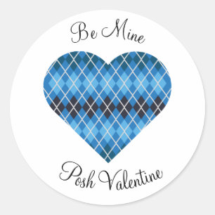 Posh Argyle Dark Blue Big Heart Classic Round Sticker