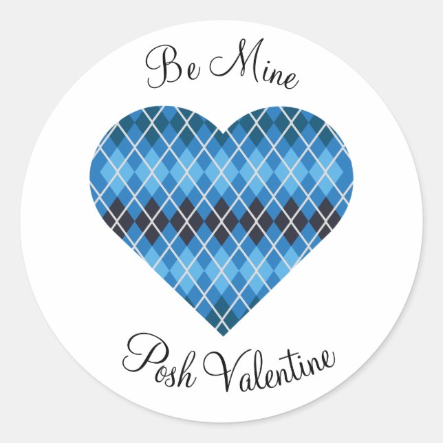 Posh Argyle Dark Blue Big Heart Classic Round Sticker (Front)