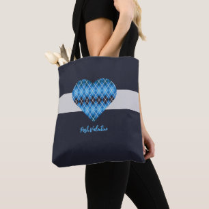 Posh Argyle Dark Blue Big Heart Shoulder Tote Bag