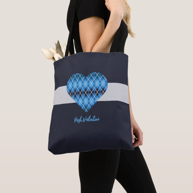 Posh Argyle Dark Blue Big Heart Shoulder Tote Bag (Close Up)