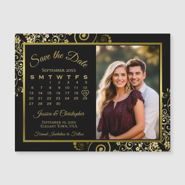 Posh Black & Gold Calendar Photo Save Date Magnet (Front)