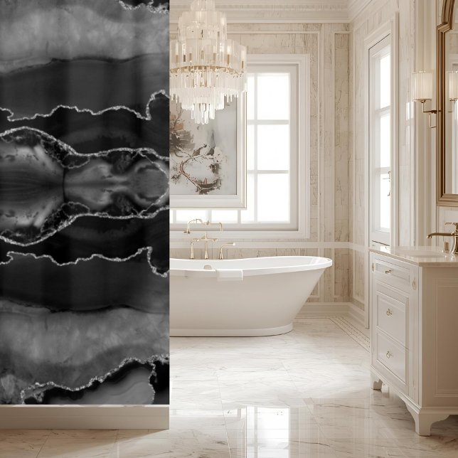 Posh Black Gray Agate Marble Crystal Geode Shower Curtain (Creator Uploaded)