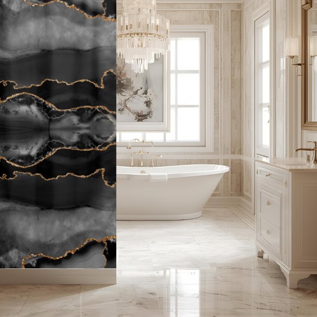 Posh Black Gray Gold Agate Marble Crystal Geode Shower Curtain (Creator Uploaded)