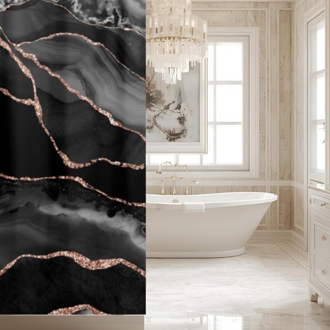 Posh Black Gray Rose Gold Marble Crystal Geode Shower Curtain (Creator Uploaded)