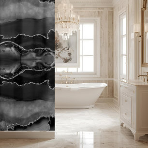 Posh Black Grey Agate Marble Crystal Geode Shower Curtain