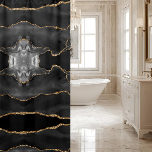 Posh Black Grey Gold Agate Marble Crystal Geode Shower Curtain