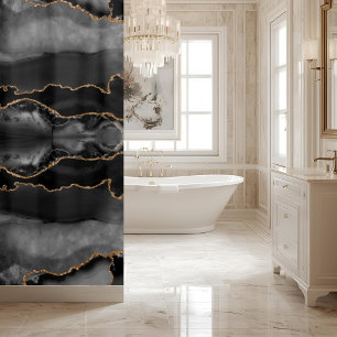 Posh Black Grey Gold Agate Marble Crystal Geode Shower Curtain