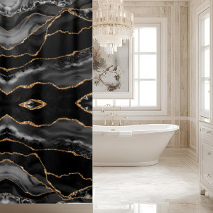 Posh Black Grey Gold Marble Crystal Geode Shower Curtain