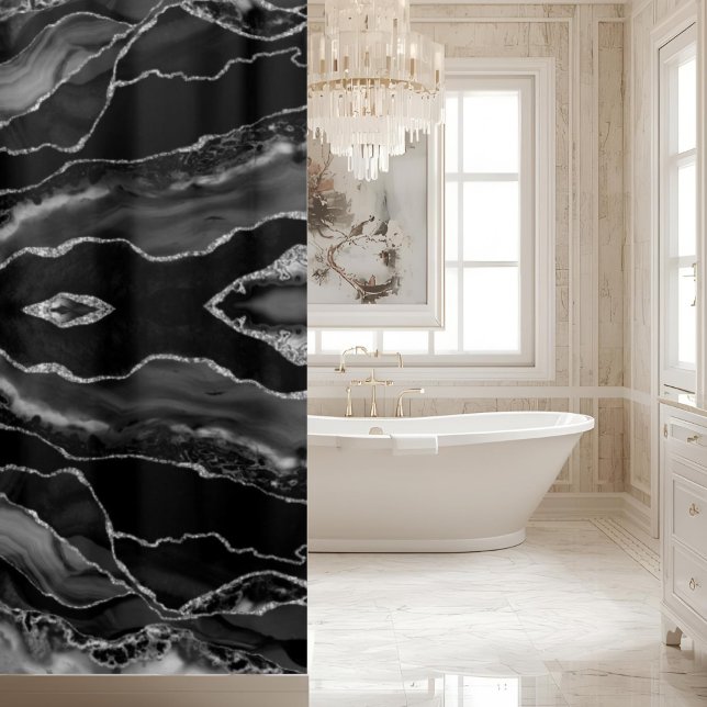Posh Black Grey Silver Agate Marble Crystal Geode Shower Curtain (Creator Uploaded)