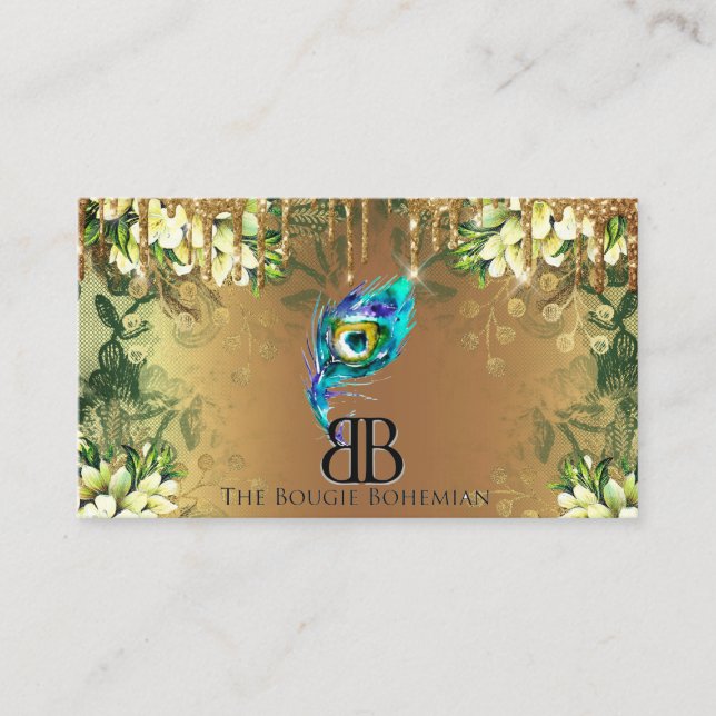 Posh Bougie Glittery Bohemian Blue Florals Drip2 Business Card (Front)