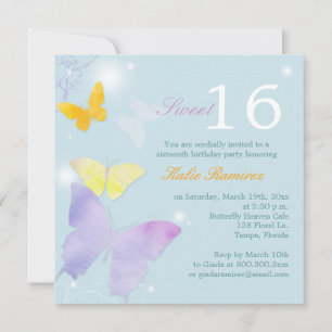 Posh Butterfly Pale Blue Sweet 16 Party Invitation