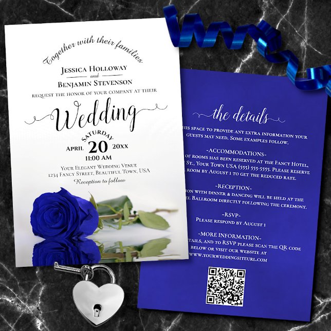Posh Calligraphy Royal Blue Rose QR Code Wedding Invitation (Front/Back)