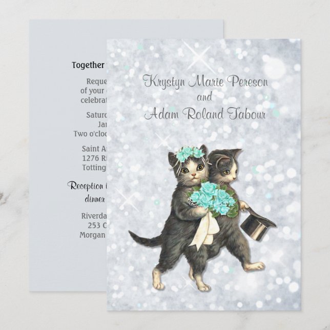 Posh Cats Aqua -Silver Sparkle Wedding Invitation (Front/Back)