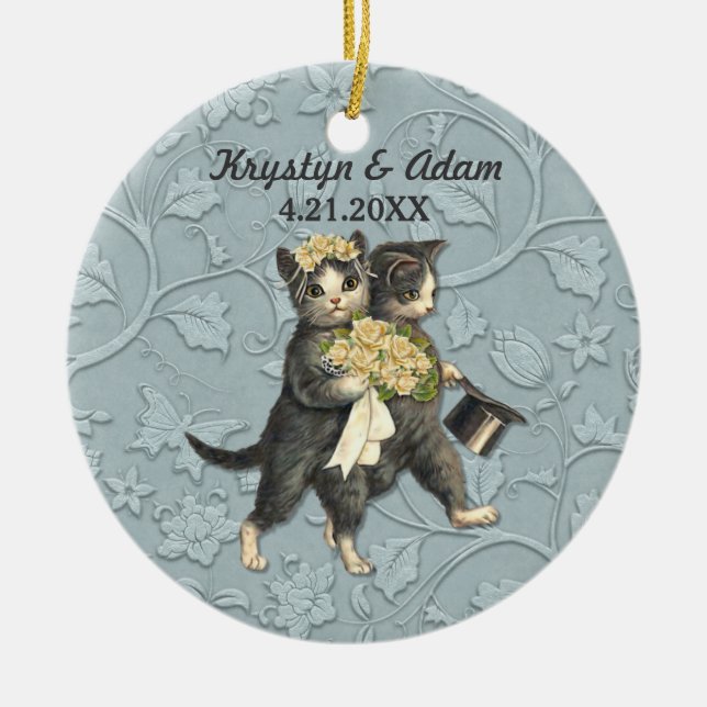 Posh Cats Wedding Blue Ceramic Tree Decoration (Front)