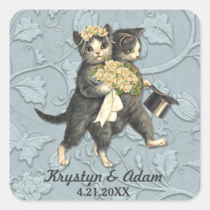 Posh Cats Wedding Blue Square Sticker