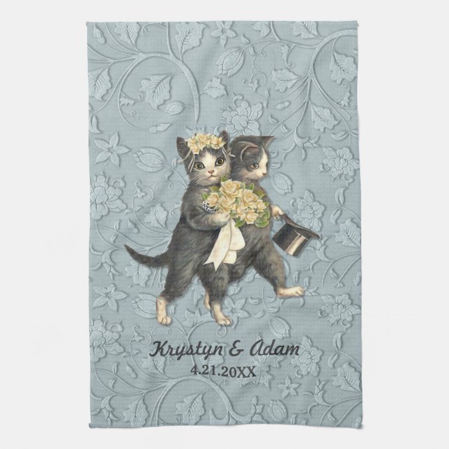 Posh Cats Wedding Blue Tea Towel (Vertical)
