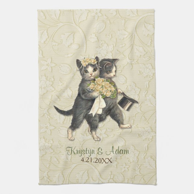 Posh Cats Wedding Ivory Tea Towel (Vertical)
