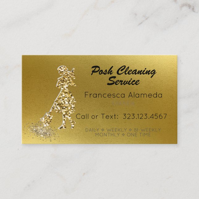 Posh Cleaning Service Metallic 14k Gold Template Business Card (Front)