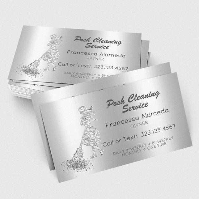 Posh Cleaning Service Metallic Silver Glitter Maid Business Card (Creator Uploaded)