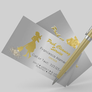 Posh Cleaning Service Metallic Steel Gold Template Business Card