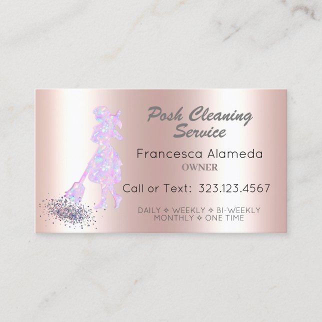 Posh Cleaning Service Pink Metallic & Iridescent Business Card (Front)