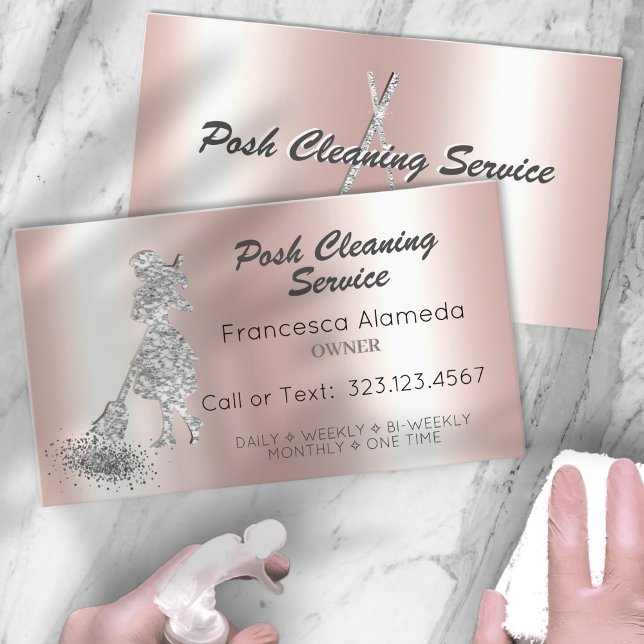 Posh Cleaning Service Pink Metallic Silver Glitter Business Card (Creator Uploaded)