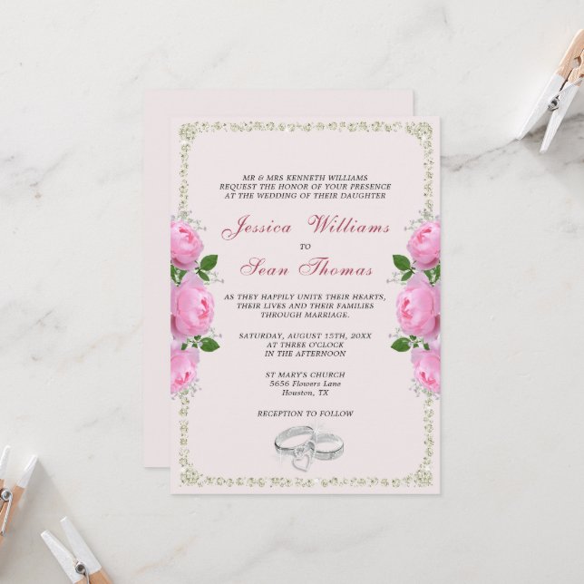 Posh Framed Diamond Rings & Pink Roses Wedding Invitation (Front/Back In Situ)