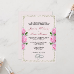 Posh Framed Diamond Rings & Pink Roses Wedding Invitation