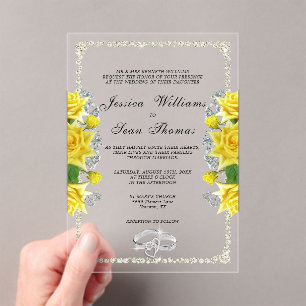 Posh Framed, Diamond Rings & Yellow Roses Wedding Acrylic Invitations