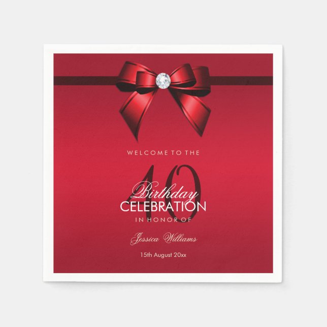 Posh Gem Bow & Ribbon 40th Birthday Napkin (Front)