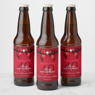 Posh Gem Bow & Ribbon 40th Wedding Anniversary Beer Bottle Label