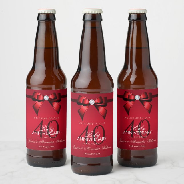 Posh Gem Bow & Ribbon 40th Wedding Anniversary Beer Bottle Label (Bottles)