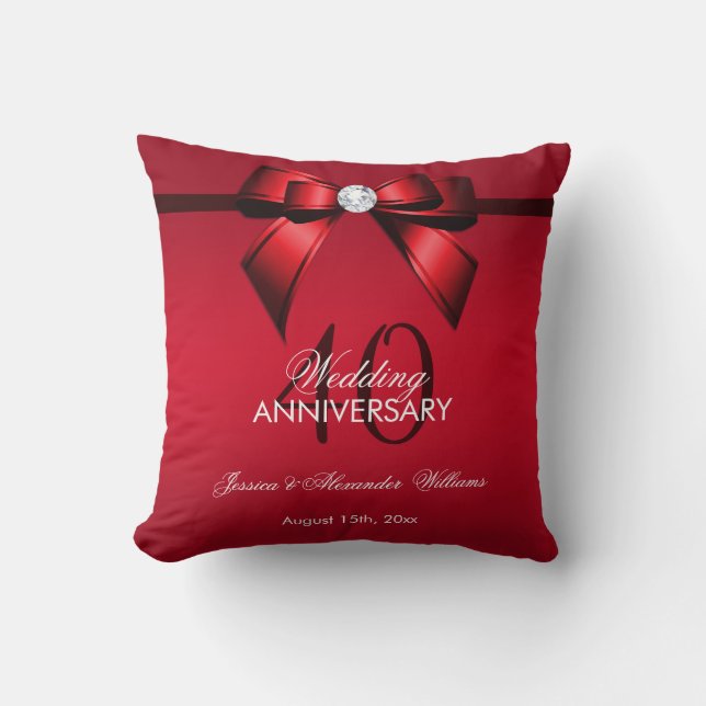 Posh Gem Bow & Ribbon 40th Wedding Anniversary Cushion (Front)