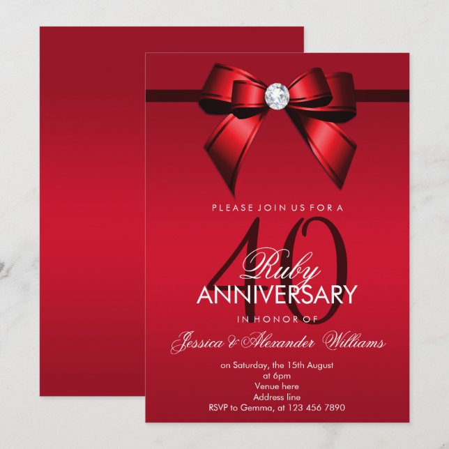 Posh Gem Bow & Ribbon 40th Wedding Anniversary Invitation (Front/Back)