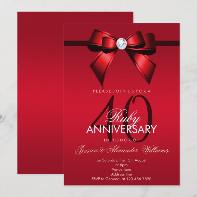Posh Gem Bow & Ribbon 40th Wedding Anniversary Invitation (Front/Back)