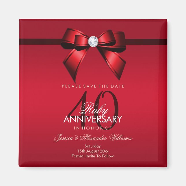 Posh Gem Bow & Ribbon 40th Wedding Anniversary Magnet (Front)