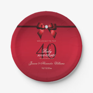 Posh Gem Bow & Ribbon 40th Wedding Anniversary Paper Plate