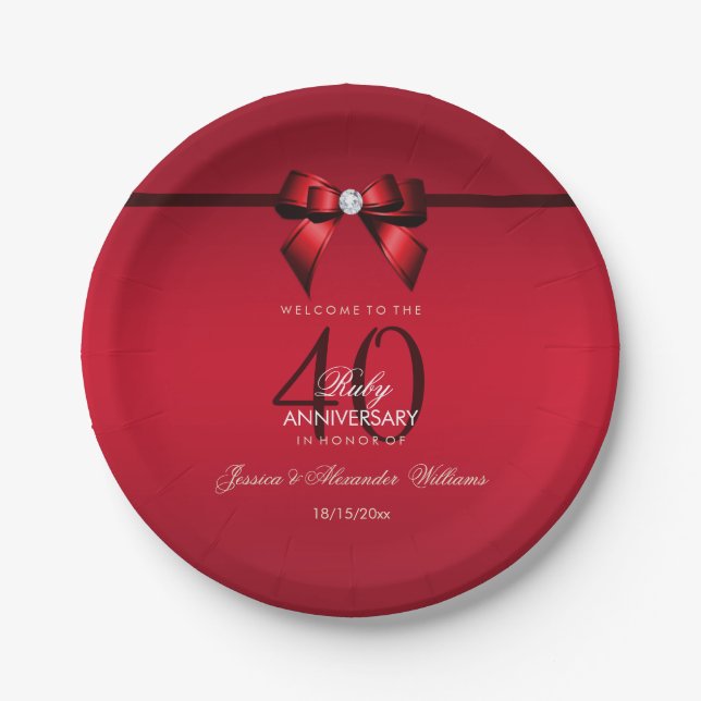 Posh Gem Bow & Ribbon 40th Wedding Anniversary Paper Plate (Front)