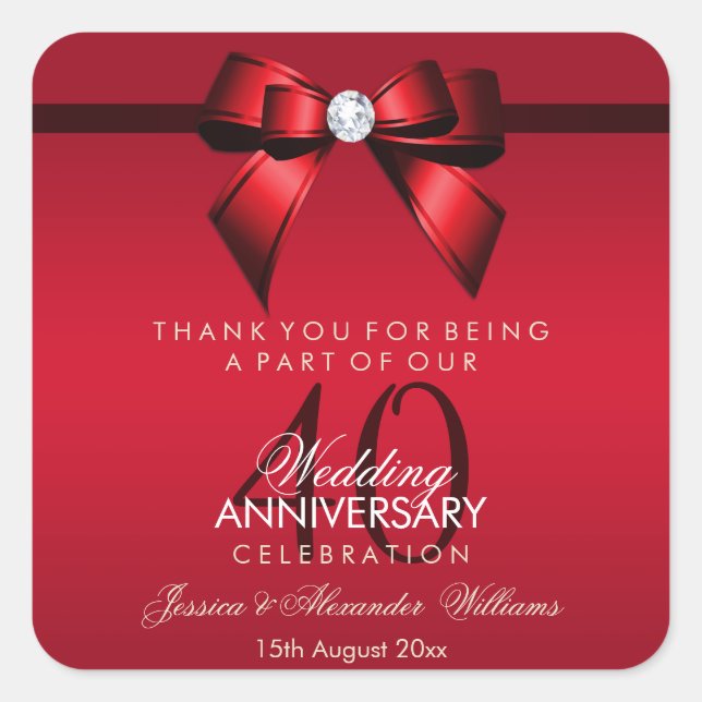 Posh Gem Bow & Ribbon 40th Wedding Anniversary Square Sticker (Front)