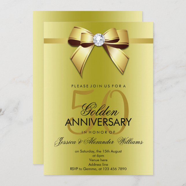 Posh Gem Bow & Ribbon 50th Wedding Anniversary Invitation (Front/Back)
