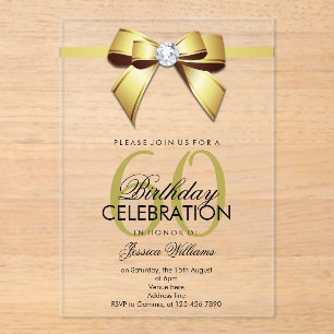 Posh Gem Bow & Ribbon 60th Birthday Acrylic Invitations