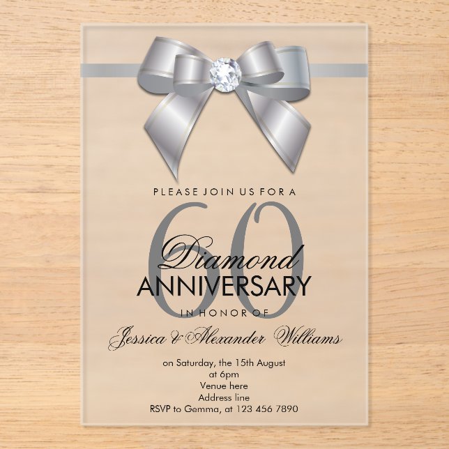 Posh Gem Bow & Ribbon 60th Wedding Anniversary Acrylic Invitations (Front)