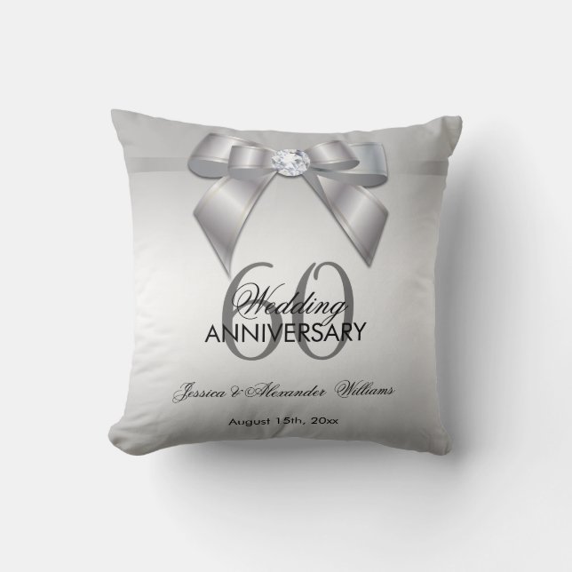 Posh Gem Bow & Ribbon 60th Wedding Anniversary Cushion (Front)