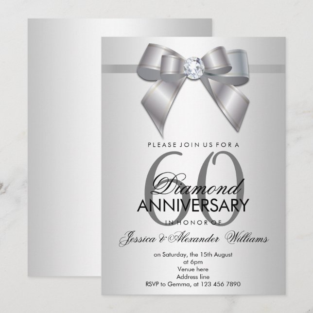 Posh Gem Bow & Ribbon 60th Wedding Anniversary Invitation (Front/Back)
