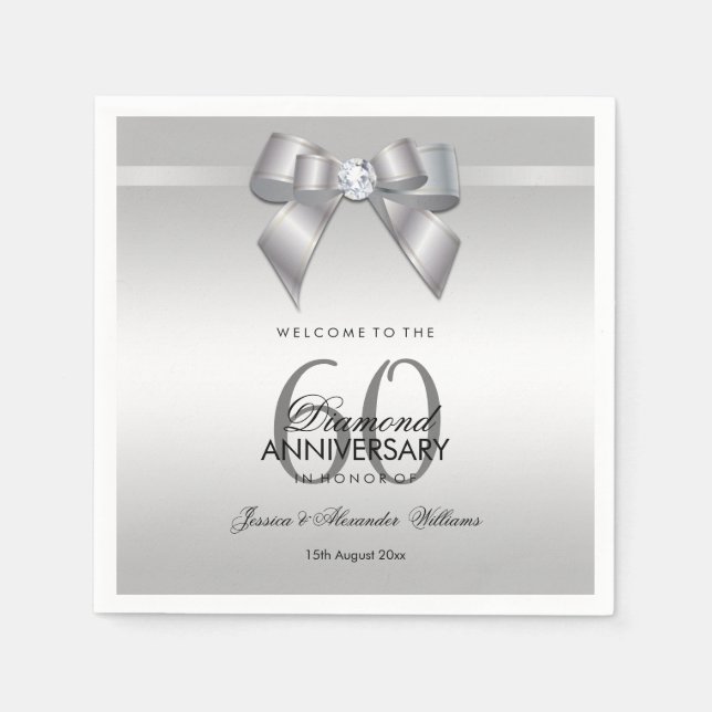 Posh Gem Bow & Ribbon 60th Wedding Anniversary Napkin (Front)