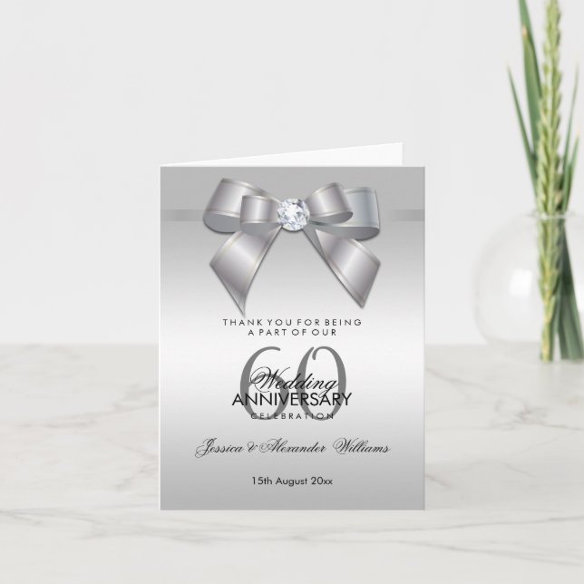 Posh Gem Bow & Ribbon 60th Wedding Anniversary Thank You Card (Front)
